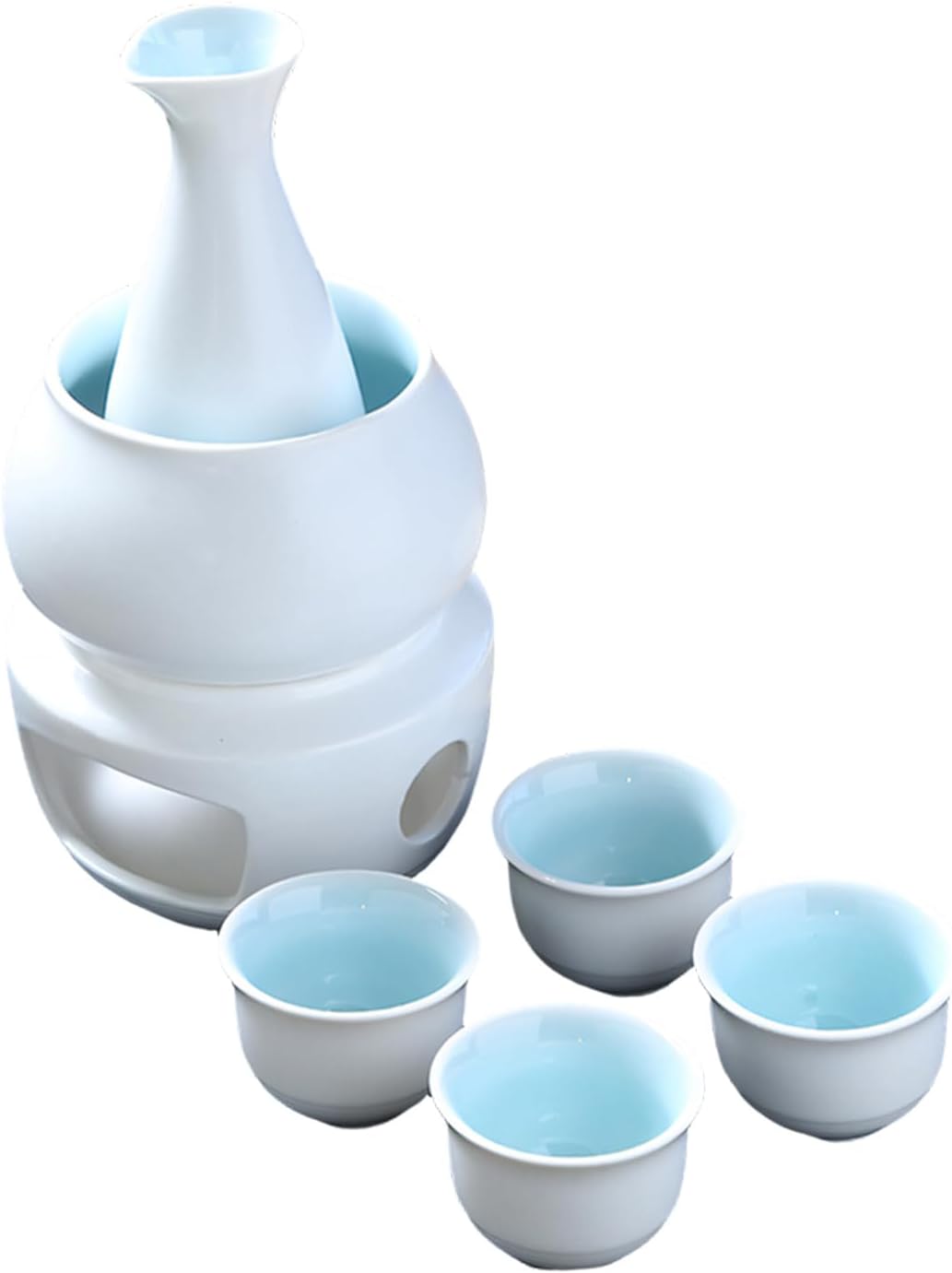Sake Warmer Pots Set Japanese Cold Glasses Ceramic Carafe Bottle Stove and 4 Cups for Cold/Warm/Hot Liquor Serving Set