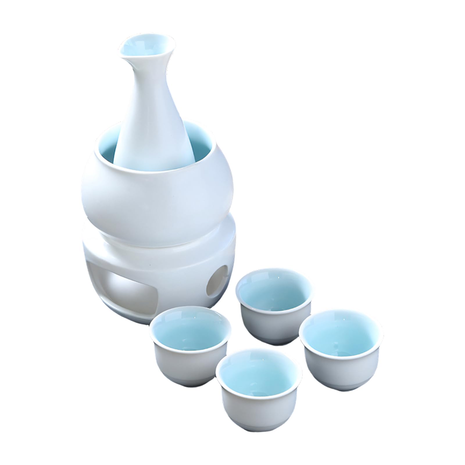 Msioytog Japanese Sake Set Ceramic Warmer Pots Carafe Bottle and 4 Small Cups Stove for Warming Liquor Beverage Hot Sake Warming Container