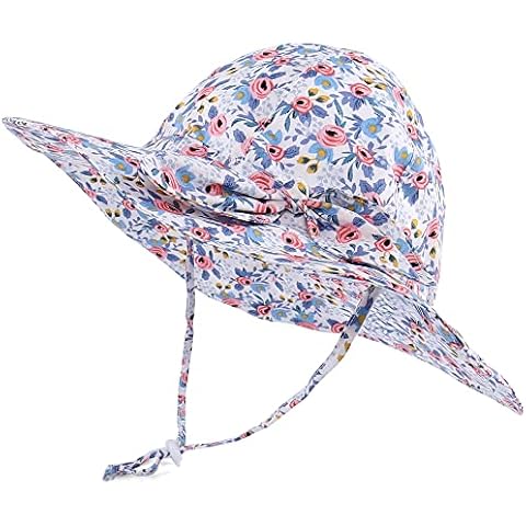 LACOFIA Baby Girls Sun Hat UPF 50+ UV Protection Toddler Cotton Beach Hat Infant Wide Brim Summer Visor Cap with Adjustable Chin Strap Blue Flowers 6-18 Months Cover