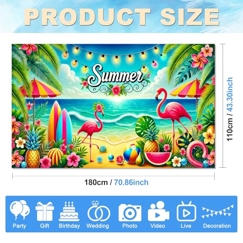 Image of HOMETITUTE Summer Beach Banner 71x43 Inches Summer Backdrop Beach Party Decorations Hawaiian Tropical Banner with Flamingo, Fruit and Surfboard, Pool Party Decor for Outdoor Decorations Supplies