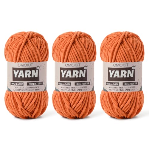 Image of Fluffy Chenille Yarn for Crocheting - Baby Yarn for Crocheting Soft Blanket - 3 Pack of 100g /(87.4yds) Crochet Amigurumi Chunky Yarns - Super Bulky 5 Velvet Yarns (3 Orange)