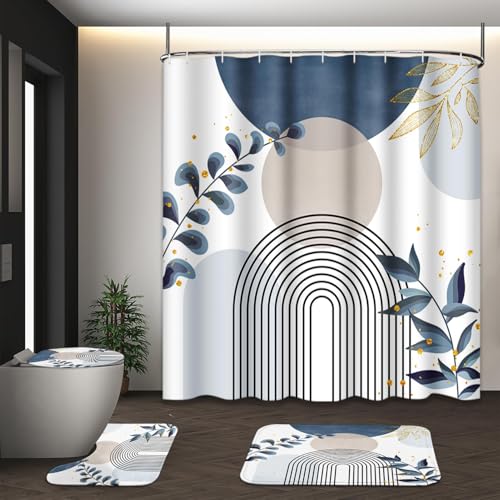Tayney Boho Blue Mid Century Shower Curtain Set with Toilet