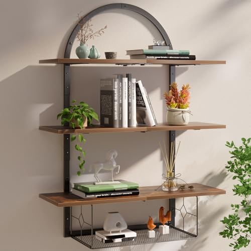 XLHOMO Floating Shelf for Wall- 31.5x 24 3+1 Tier Floating Shelves with Basket for Bathroom Living Room Bedroom and Kitchen Rustic Brown