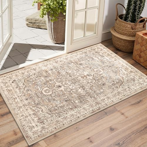 Pauwer Area Rug 2x3, Small Non Slip Washable Entryway Rugs, Beige Brown