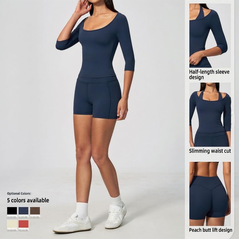 Top maniche mezze e shorts yoga a vita alta sollevaglutei | Top corto scollo a U maniche tre quarti con shorts yoga a vita alta sollevaglutei, tessuto stretch ad asciugatura rapida