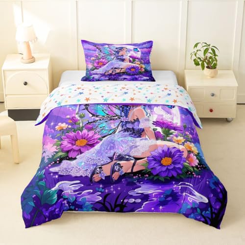 Image of Erosebridal Fairy Girl Bedding Sets Twin - Flower Fairytale Comforter Set for Kids Adults Blue Butterfly Floral Decor Duvet Insert Purple Galaxy Moon Quilt