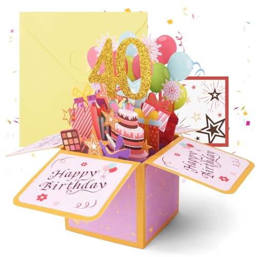 OFFCUP 40 Anni Biglietto Auguri Compleanno 3D Biglietti Auguri Regalo Divertente Pop Up Biglietti di Compleanno con Busta e Carta Biglietto di Auguri per Uomo Donna Famiglia Amica Festa
