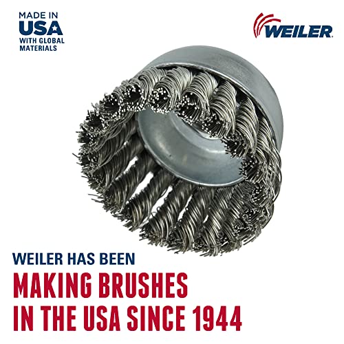 Image of Weiler 13256 2-3 /4 inch Single Row Knot Wire Cup Brush, .020 inch Stainless Steel Fill, 3 /8 inch-24 Unf Nut, Made in the USA
