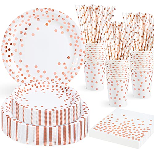 Rorchio Vaisselle Jetable Noel, 30 invités Assiette Carton Anniversaire Blanche Rose Gold, Assiettes et Gobelets en Carton, Pailles et Serviettes pour Mariage Noël et Fêtes Cover
