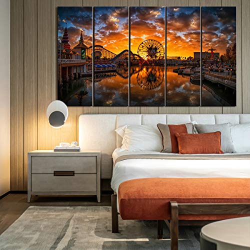 Disney Wall Art For Living Room Disneyland Canvas Wall Decor Bedroom Picture Modern Artworks Anime Posters Disney Castle Park Ferris Wheel Panoramic Sunset Painting Office Home Decoration 12X32" 5 Pcs #TOP5