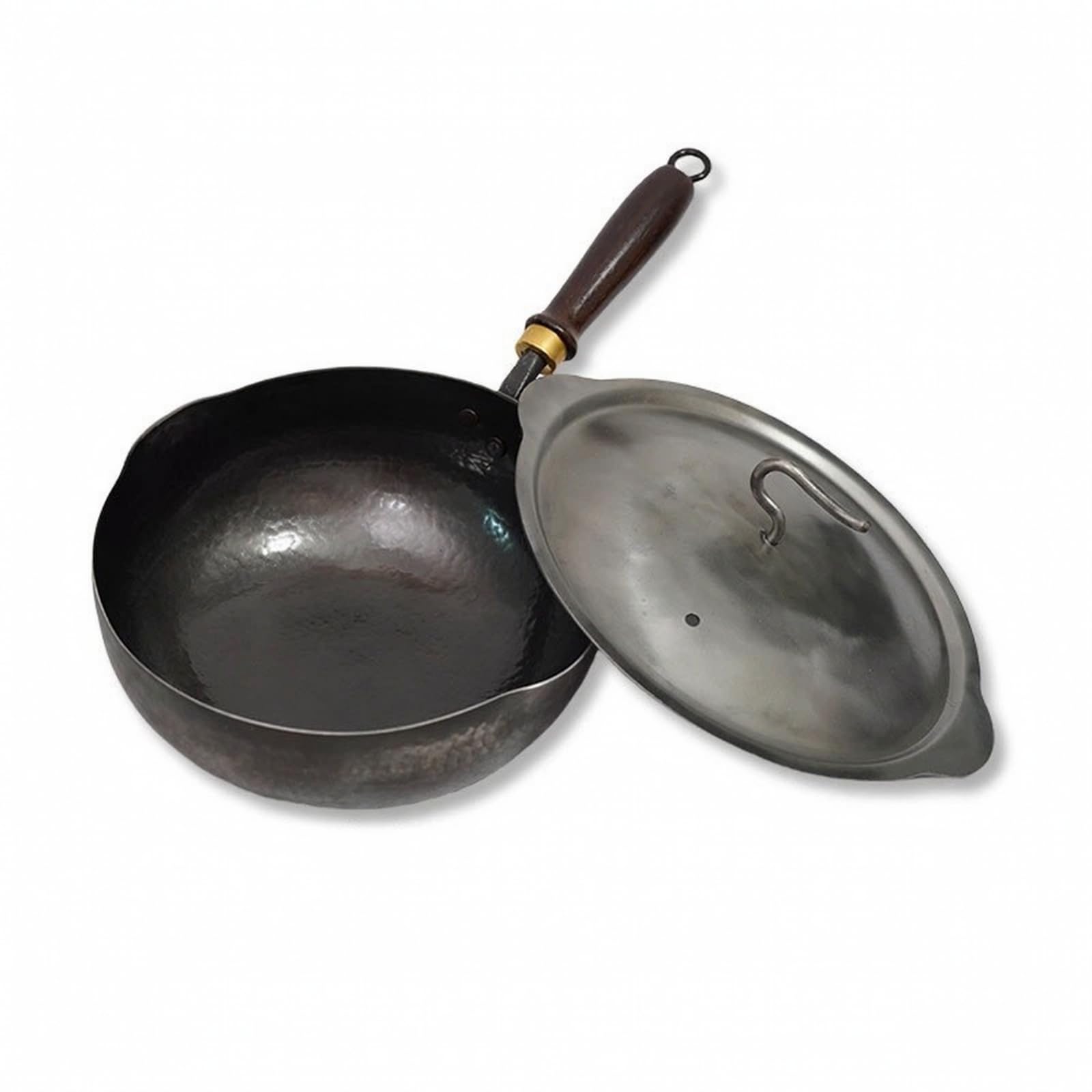 Wok avec Couvercle fait Main Wok En Fer Robuste Poêle avec Couvercle pour Cuisine, 24 Cm, Poêle Wok Yuanbao Faite À La Main Avec Couvercle En Fer