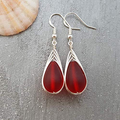 Handmade jewelry from Hawaii, wire braided Ruby red sea glass earrings,"July Birthstone",