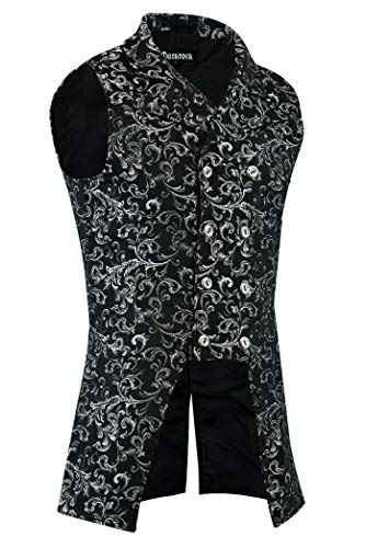 Darkrock Men's Double Breasted GOVERNOR Vest Waistcoat VTG Brocade Gothic Steampunk (2XL, Silver)