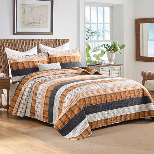 Image of Homzard 100% Cotton King Size Quilt Set Striped Plaid Orange Black Bedspread Set Summer Lightweight Farmhouse Washable Bedding Comforter Set 3 Pieces