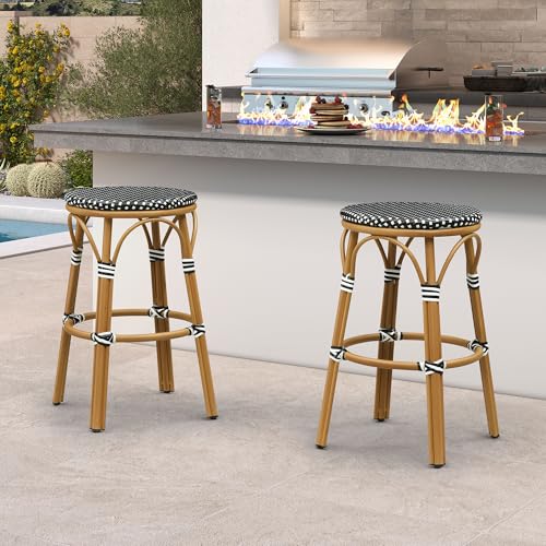 Image of PURPLE LEAF Outdoor French Round 30 inch Bar Stool Set of 2 Oversized Rattan Armless Barstools Bamboo Finish Aluminum Frame Footrest with Handwoven Wicker for Indoor Patio Yard Bistro Black