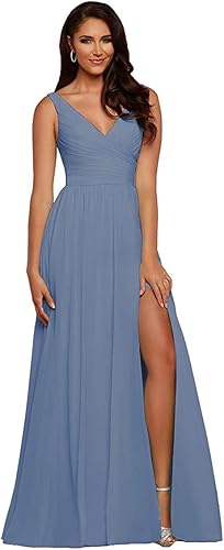 Miniatura 6 de King Noiva Vestidos de dama de honor vestido largo de gasa para invitada de boda plisado con cuello en V abertura alta sin espalda vestido formal de