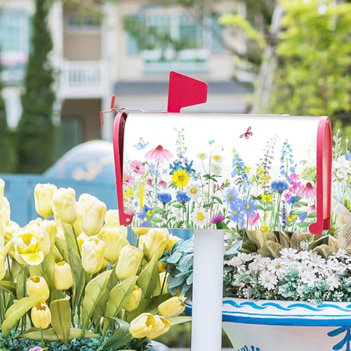 Image of Spring Summer Flowers Mailbox Covers Magnetic Summer Butterfly Floral Mailbox Cover Standard Size 21 X 25.5 Inch Spring Holiday Welcome Wrap Post Letter Box Decorative for Outdoor Home Garden Yard