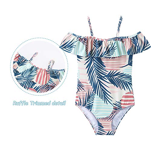Big Girls Off Shoulder Swimsuits One Piece Bathing Suit Kids Hawaiian Floral Swimwear Palm Leaf Size 14/12-14 #TOP4