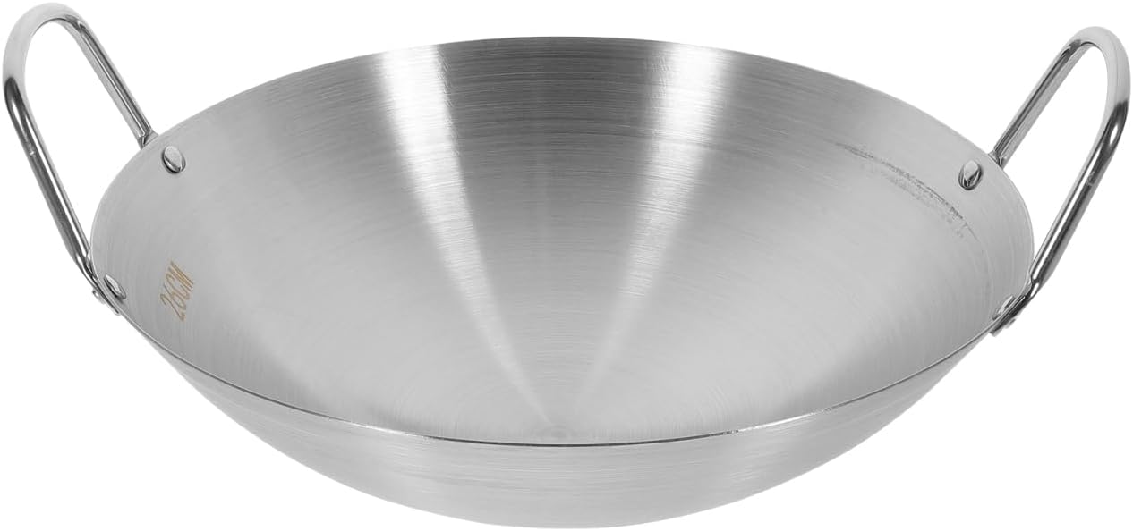 Hemoton 10.22 Inch Stainless Steel Wok Pan with Lid Double Handle Round Bottom Frying Pan for Gas and Electric Cooktops Multipurpose Stir-Fry and