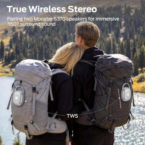 Image of Monster Bluetooth Speaker Ultra-Portable with Integrated Carabiner Clip, IPX7 Waterproof, 29H Playtime, Bluetooth 6.0, TWS Pair Clip-On Speaker for Outdoor, Hiking, Beach, Shower & Travel, Light Grey