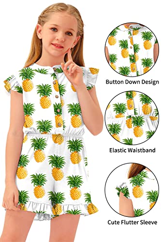 Besserbay White Pineapple Jumpsuit Button Down Casual Flutters Sleeve Elastic Romper For Big Girl 11-12 Years #TOP1