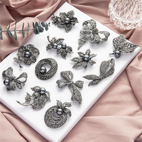 Image of Vintage Rhinestone Crystal Bow Brooch Pin with Black Pearl for Women Delicate Black Bow Brooch Classic Antique Victorian Style Prom Wedding Jewelry