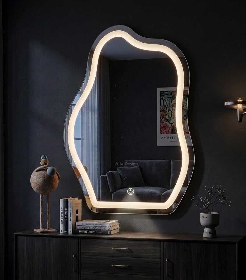 Image of ALFA Design Irregular LED Bathroom Mirror with Lights, Cloud Smart Mirror, Dimmable Lighted Bathroom Mirror Asymmetrical Vanity Mirror Irregular Frontlite 28 x 20 inch