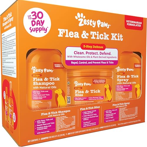 Image of Zesty Paws Flea and Tick Kit for Dogs - Shampoo, Spray & Soft Chews that Kill Fleas, Ticks & Their Eggs - Prevention, Protection & Repellent - Soothes Itchy & Irritated Dog Skin