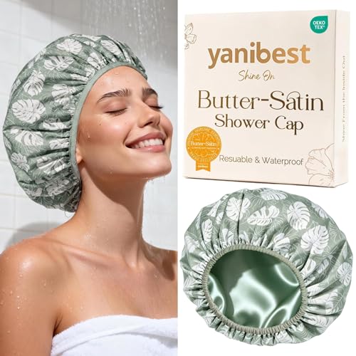 Yanibest Shower Cap for Women - Frizz Free Satin Lined Shower Cap Waterproof Large Double Layer Reusable with Soft Elastic Band for Braids Long Hair