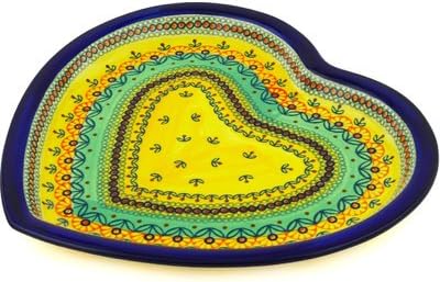Polmedia Polish Pottery Heart Shaped Platter 11-inch UNIKAT - Prairie Sunrise Pattern Handmade in Boleslawiec Poland + Certificate of Authenticity
