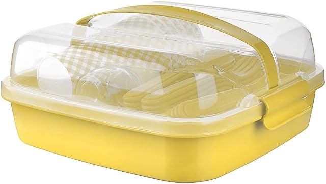Shopivaa 32 Piece Serves 6 People Picnic Set for Camping Outdoor Dining Party Set With Carry Case Lightweight & Durable BPA Free Plastic Dishwasher Safe (Yellow)