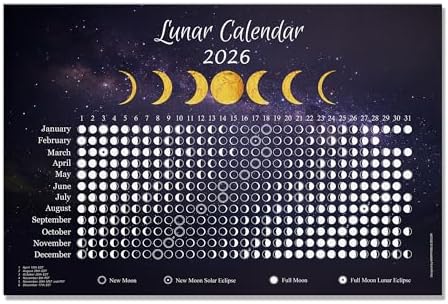 Moon Calendar 2026 - Dark Blue 18×12 inch Wall Poster with Lunar Phases ...