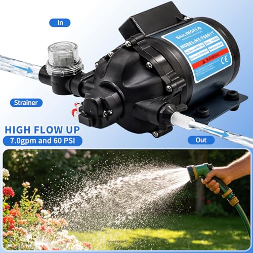 Image of 12V Diaphragm Water Pump - 7 GPM 60PSI, Self-Priming On-Demand Water Pump, Strainer and Female Thread, for Rv, Lawn(HY-70601T)