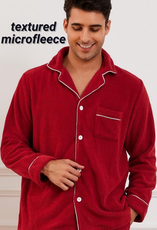 Vulcanodon Mens Fleece Pajama Set, Soft Warm Long Sleeve Sleepwear with Pockets Cozy Button-Down Pjs for Men - Image 5