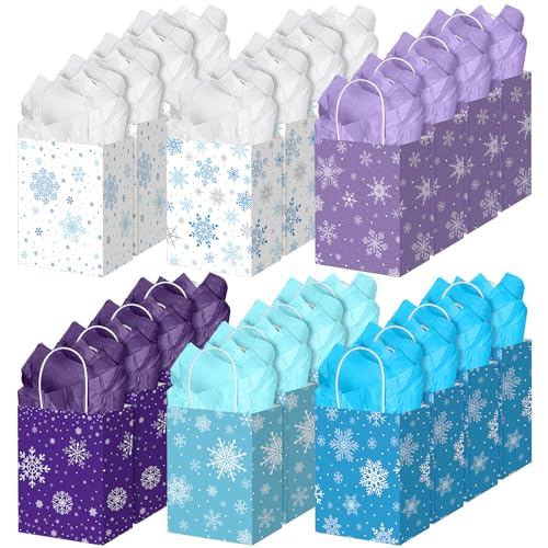 Jetec 24 Pcs Winter Snowflakes Gift Bag with Tissue Paper 7 x 9 Inch Kraft Paper Goodie Bags with Handles 6 Styles Party Favor for Winter Wedding Birthday Gift Wrapping