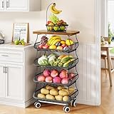 SAYZH Fruit Basket Kitchen Pantry Organizers and Storage - Wooden Top Table, Stackable Metal Wire Basket Stand Cart for Fruit Vegetable Snacks Onion Potato Organization, Black