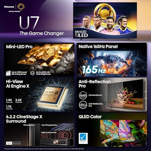 Image of Hisense 116 inch U7 Mini-LED ULED 4K UHD Best Premium Gaming Google Smart TV (116U75QG, 2025 Model) - QLED, Native 165Hz, VRR 288, Up to 4000 Nits, HDR10+, Dolby Vision IQ . Atmos, IMAX Enhanced, 6.2.2 Ch