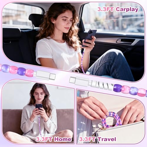 Image of HianDier USB C to USB C Cable 3.3FT Stylish Crystal Beads Jade Type C Charger Fast Charging Cord for Girls Women Compatible with iPhone 17 Air 16 Pro Max 15 for Galaxy S25 for iPad Pro-Pink Purple