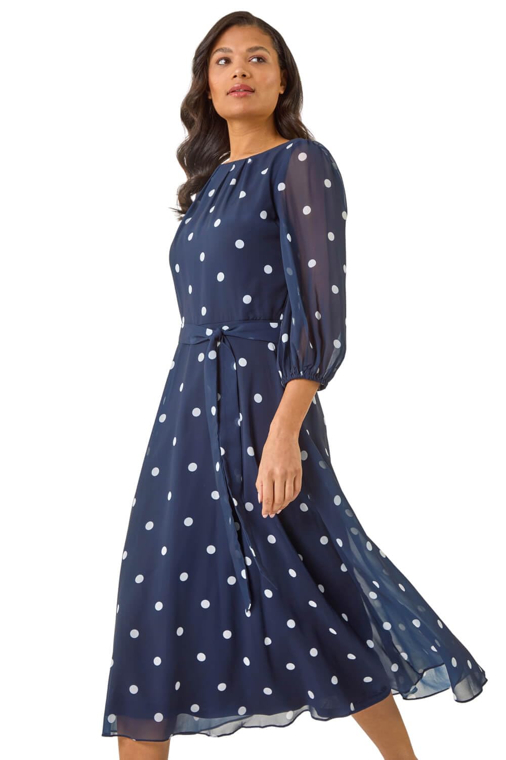 Roman Women's Navy Spot Print Chiffon Pleated Midi Dress In | : Size 18