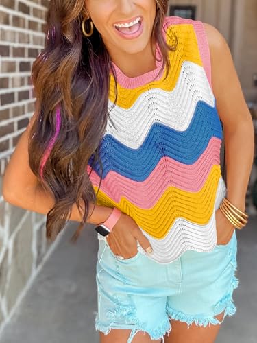 Saodimallsu Womens Summer Striped Tank Top Sleeveless Rainbow Knit Crew Neck Color Block Going Out Cropped Sweater Vest2