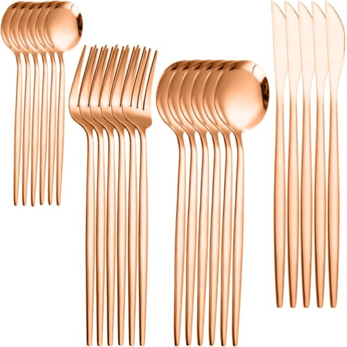 Image of Trifecta 24-Piece Silverware Set, Stainless Steel Flatware Set for 6, Fork Spoon Knife Set, Home Dinnerware Tableware Set for 6, Cutlery Set, Include Knives /Forks /Spoons (Rose Gold)