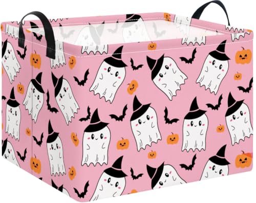 Image of NTAO Gift Storage Basket Empty for Halloween, Storage Bin with Handles, Room Decor, Book Box(Pink Ghost Bat)