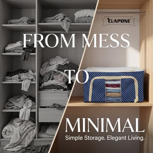 Image of CLAPONE Foldable Steel Frame Cloth Organizer Storage Box and Organiser /Wardrobe Organizer for Storage /almirah for Sarees /Shirts /Blankets /Clothes Storage Box (Blue, 24 Ltr Pack Of 2)