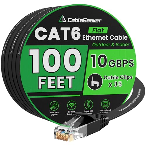 Cat 6 Ethernet Cable 100 ft, Indoor&Outdoor, High Speed 10Gbps Internet Network, Pure Copper Flat Ethernet Patch Cable Long, Computer LAN Cable with Clips & Straps for Router, Modem, PS4/5, Black