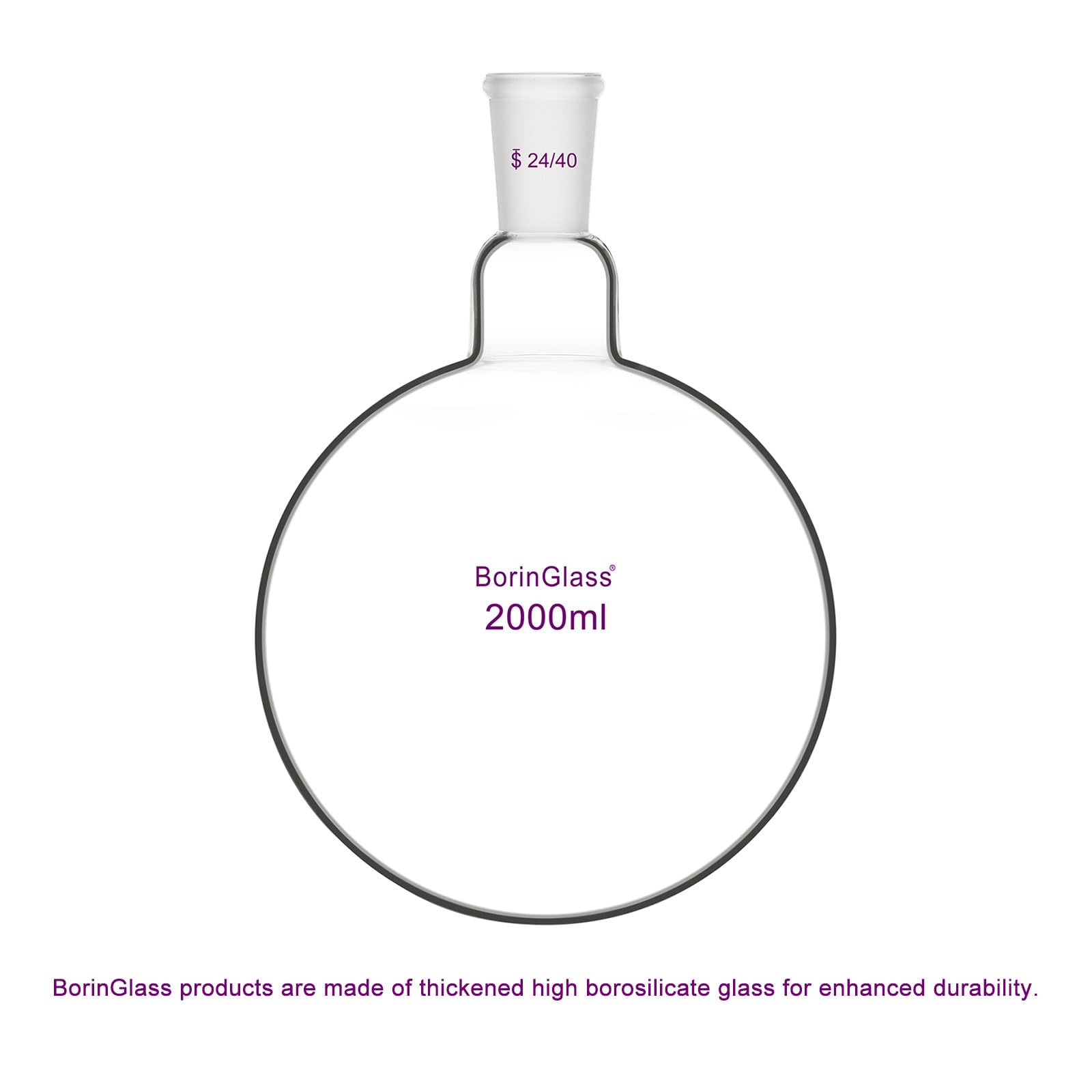 BorinGlass Matraz de Fondo Redondo de Un Cuello RBF, Matraz de Destilación de Vidrio con Junta Cónica Estándar 24/40, 2000 ml