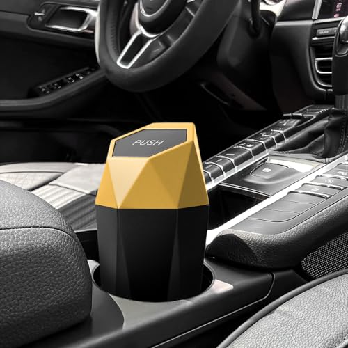 Image of Mandark Car Trash Can with Lid, Diamond Design Small Vehicle Automatic Portable Garbage Bin, Leakproof Automotive Interior Dustbin for Kitchen Home Office, Universal for SUV, Truck, RV (Gold)