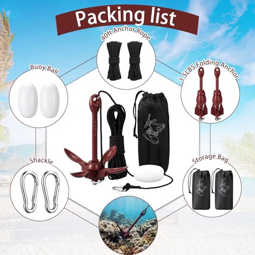 Image of Lounsweer 2 Pack 1.5 /3.5 lb Marine Kayak Anchor Kit Folding Grapnel Anchor Kit Boat Kayak Fishing Accessories for Small Boats Kayaks Canoe Paddle Boards