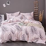 OSVINO Floral Duvet Cover Set Queen Size 3 Pieces 100% Microfiber Pink Leaves Pattern Ultra Soft Bed