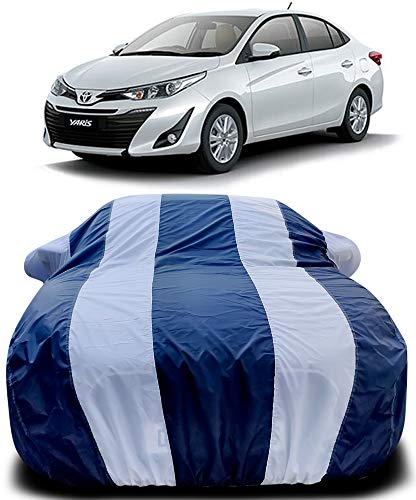 Image of PURPLEHEART Car Body Cover Compatible with Toyota Yaris Car Cover Body with Mirror Pocket Triple Stitched Bottom Elastic Water Resistant UV Protection & Dustproof Car Cover-Blue & White
