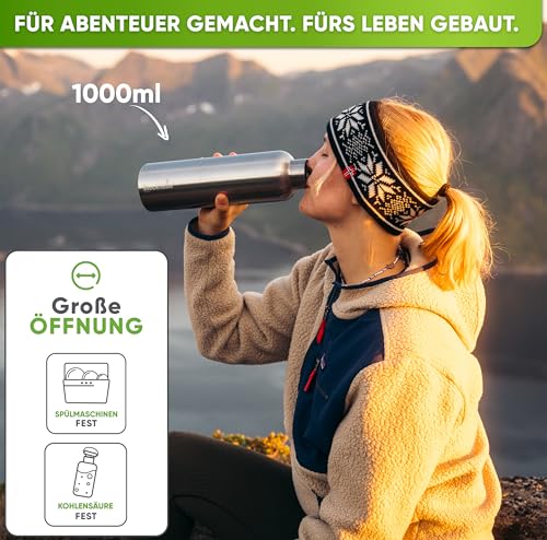 Loghütte Premium nerezová láhev na pití izolovaná I 1L I s kartáčem z přírodních štětin I izolovaná láhev nepropustná I izolovaná láhev vhodná do myčky na univerzitu, do kanceláře I Bez BPA